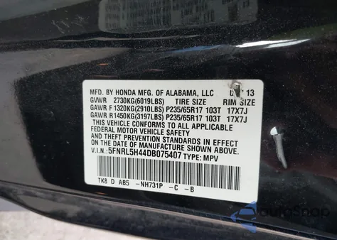2013 Honda Odyssey Ex from USA, damaged, VIN 5FNRL5H44DB075407
